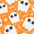 Halloween seamless pattern with cute ghosts, cobwebs, lettering on orange background. Halloween template.